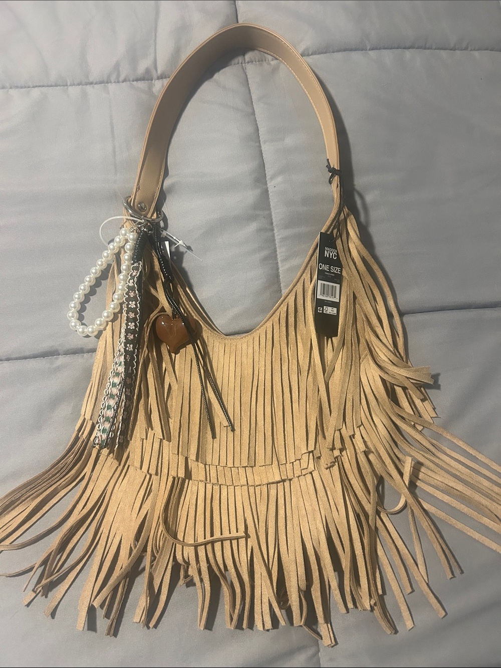 Steve Madden Tan Fringe Shoulder Bag with Charm Accents